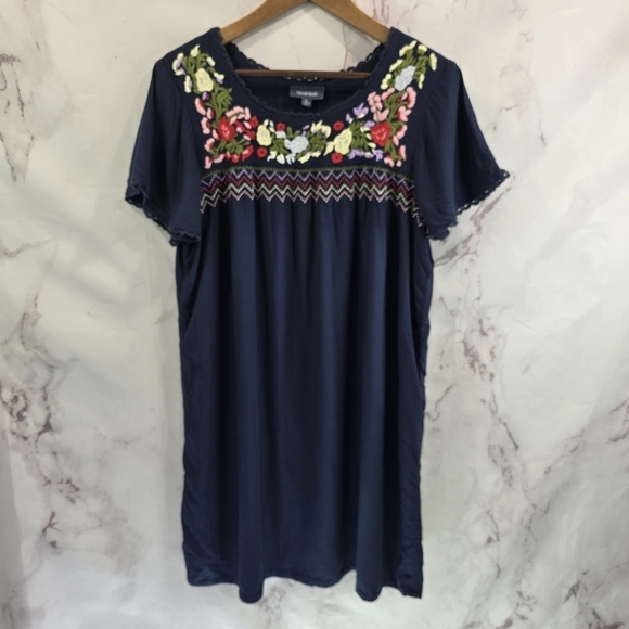 ModCloth Dress Womens Large Blue Shift Peasant Embroidered Floral Peace Mod - Picture 1 of 12